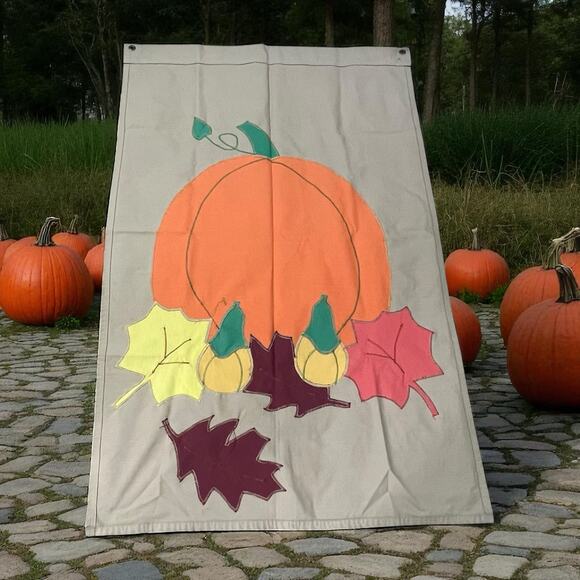 Fall Pumpkin Squash Leaves Flag Grommets House Outdoor Decor Vintage 54" x 35"W - Picture 13 of 13
